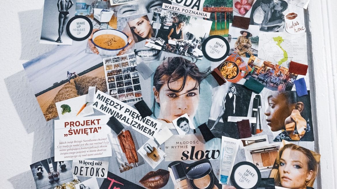 A collage of magazine cut-outs on a wall, including various lifestyle images and text in a foreign language