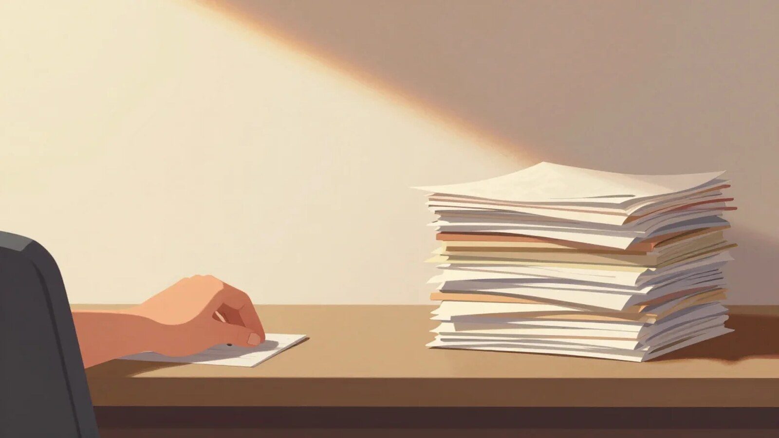 The image shows a desk in late-afternoon light. A hand is reaching for a small task, and there is a large stack of papers beside it